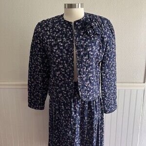 Vintage 80s 90s Quilted Jacket and Maxi Skirt Set Cottage Navy Purple Floral L